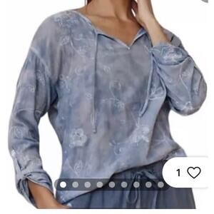 J. Jill Pure Jill Tie Dye Tunic Sz L New Blue White Floral Embroidered Art Boho